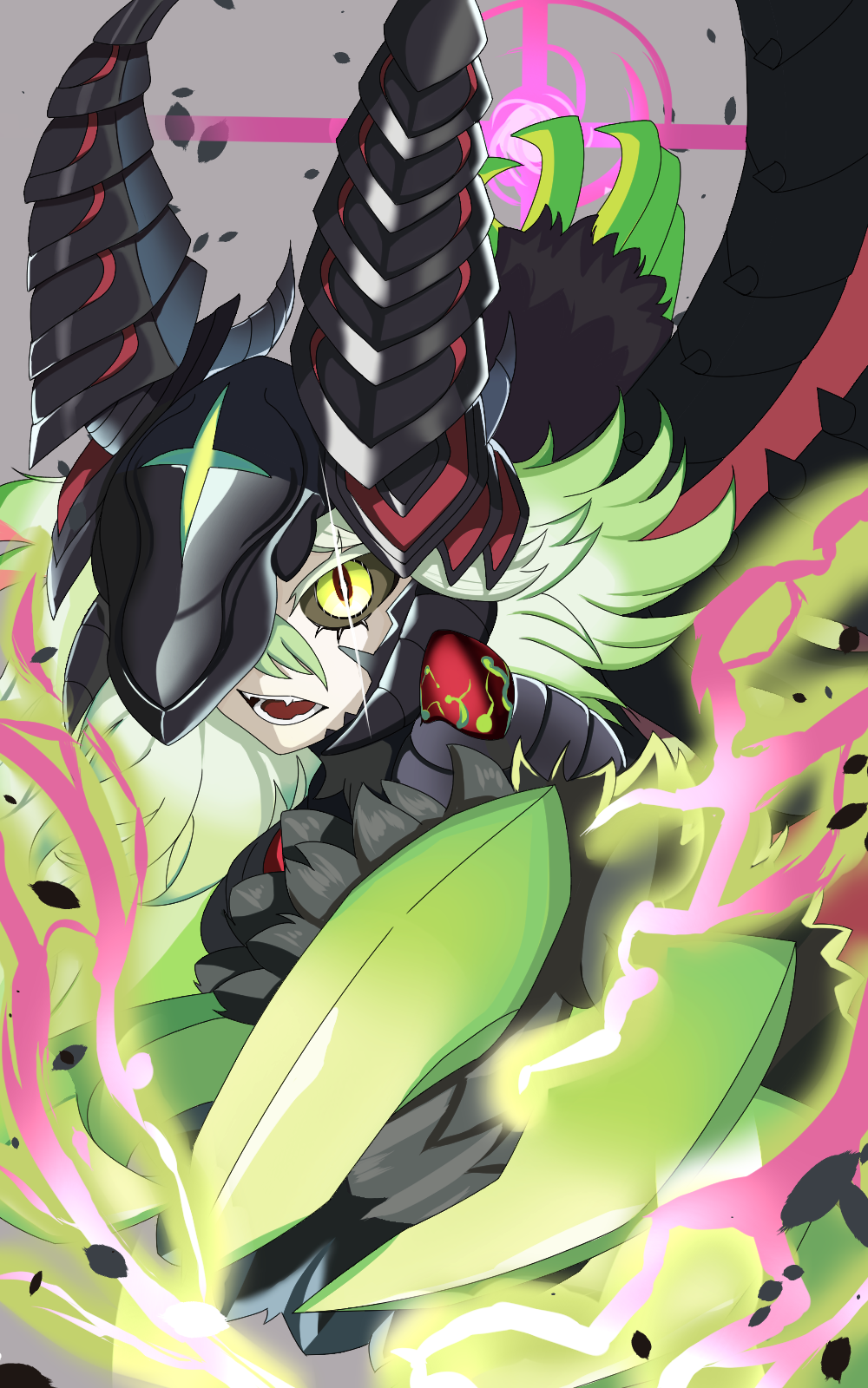 1girl, black_sclera, claws, colored_sclera, diabellstar_the_black_witch, diabellstar_vengeance, dragon_horns, duel_monster