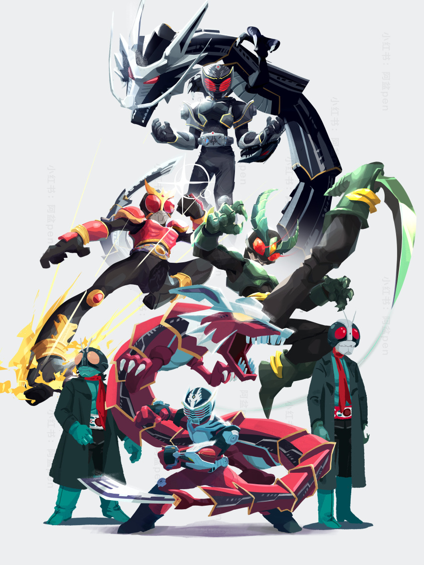 6+boys, absurdres, armor, black_bodysuit, bodysuit, character_request, cyclone_(kamen_rider), fire
