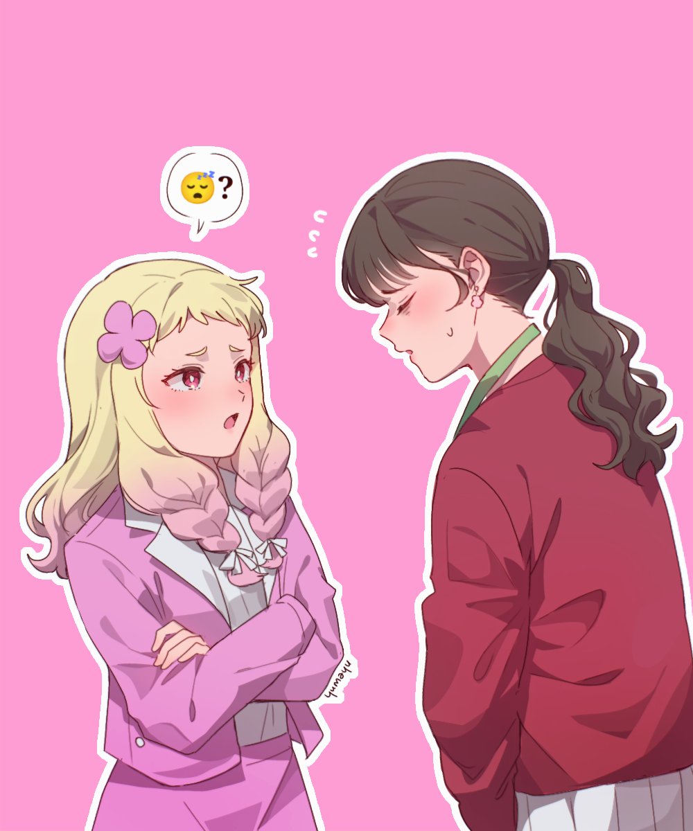 2girls, animification, artist_name, blonde_hair, bowing, braid, brown_hair, collared_shirt, commentary_request, crossed_arms, emori_aya, facing_another, flying_sweatdrops, formal_clothes, gradient_hair, highres, jacket, lanyard, long_hair, love_live!, love_live!_superstar!!, low_ponytail, low_twin_braids, multicolored_hair, multiple_girls, onitsuka_natsumi, open_clothes, open_jacket, outline, pants, pink_background, pink_eyes, pink_hair, pink_pants, pink_suit, ponytail, real_life, red_shirt, shirt, signature, simple_background, skirt, speech_bubble, spoken_expression, suit, suit_jacket, sweatdrop, twin_braids, voice_actor, voice_actor_connection, wavy_hair, white_outline, white_shirt, white_skirt, yumayu