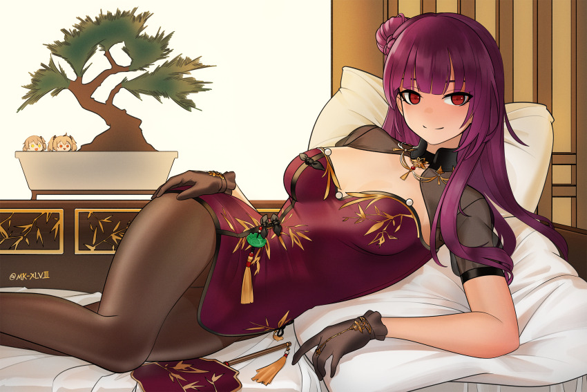 3girls, black_gloves, black_pantyhose, bonsai, breasts, breasts_apart, china_dress, chinese_clothes