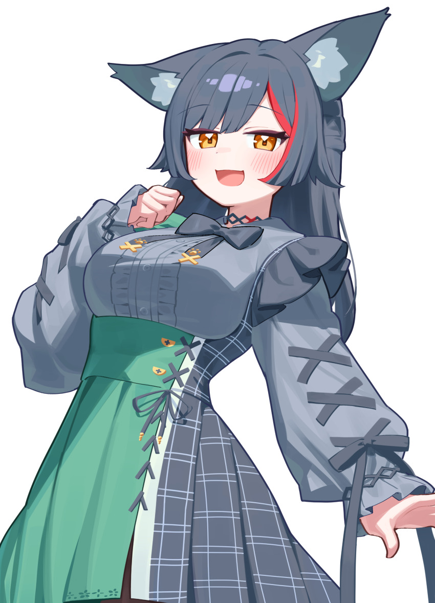 1girl, :d, absurdres, alternate_costume, animal_ears, black_dress, black_hair, breasts