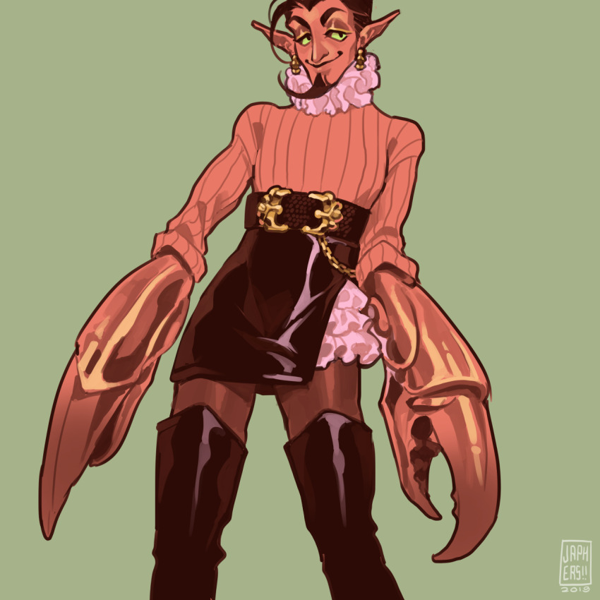 1other, :>, androgynous, arms_at_sides, artist_name, belt, black_boots, black_hair