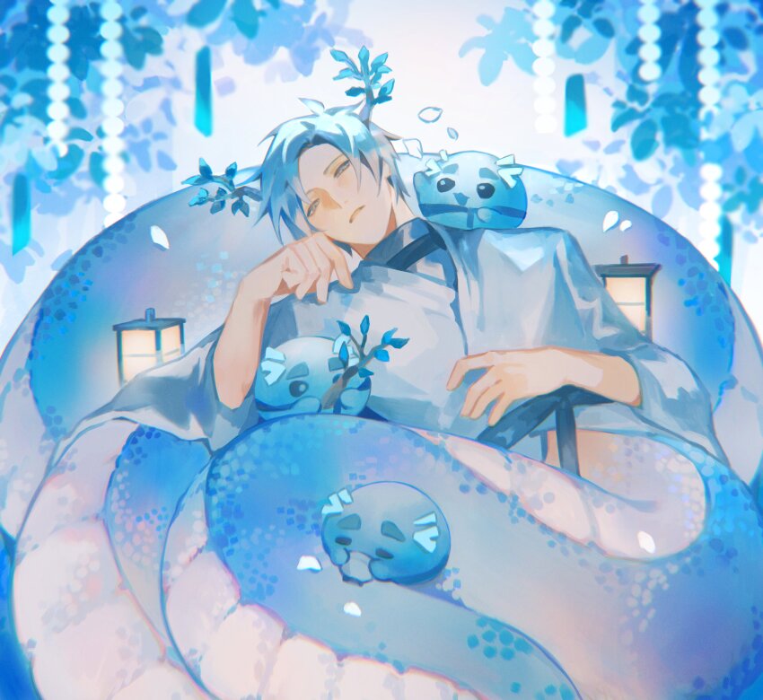 1boy, absurdres, altventurer_(regis_altare), black_sash, blue_hair, blue_kimono, blue_theme, blush