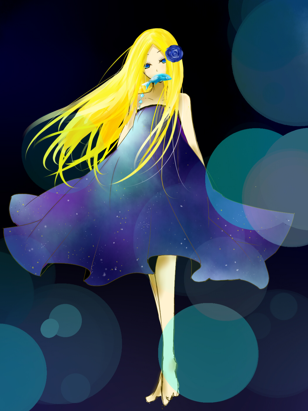 1girl, aine_(haibane), arakawa_under_the_bridge, bad_id, bad_pixiv_id, bare_shoulders, barefoot, blonde_hair