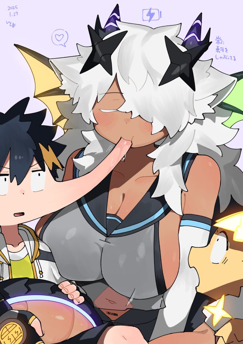 1boy, 2girls, animal_ears, battery_indicator, breasts, charging_device, cleavage, dark-skinned_female, dark_skin, dragon, dragon_girl, dragon_horns, dragon_wings, fluffy_hair, grey_background, hair_over_one_eye, heart, highres, horns, itoryo, large_breasts, long_hair, multiple_girls, mun-chan_(itoriyo), nakamura_yuuto, navel, raisei_no_ryuu_tsukai, san-chan, simple_background, white_hair, wings