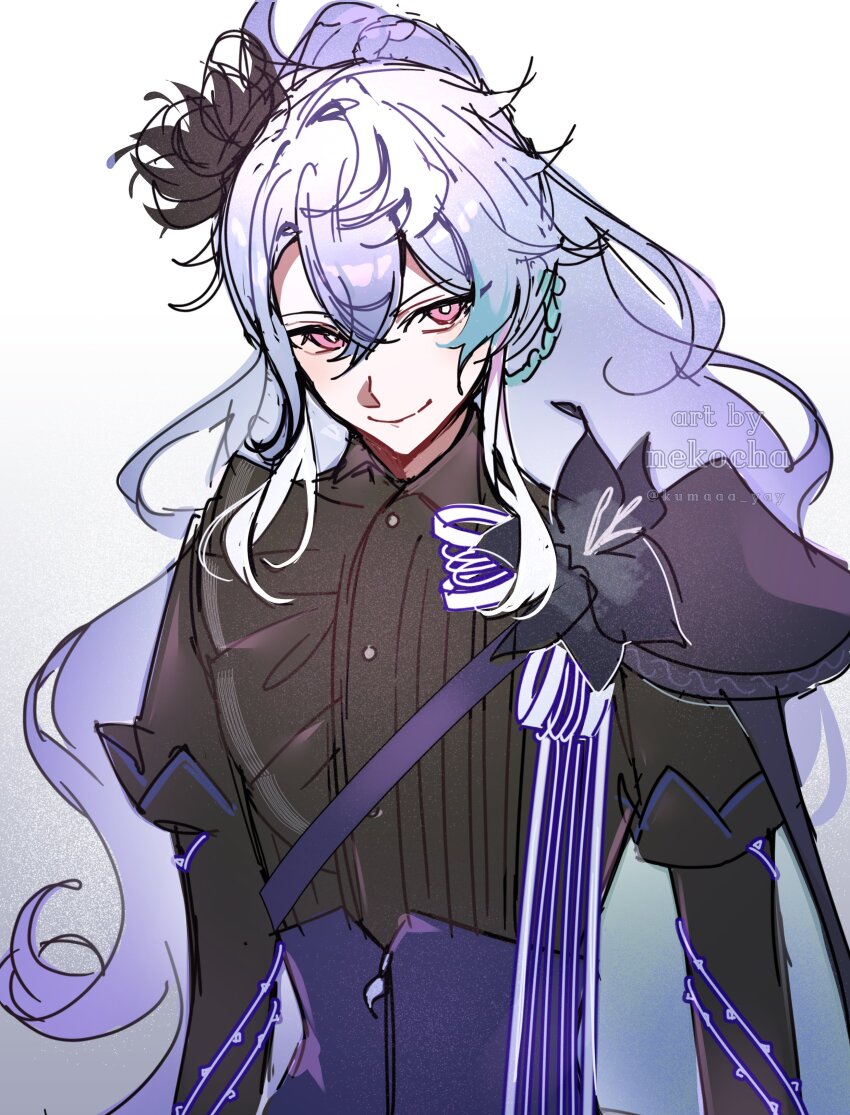 1boy, absurdres, androgynous, black_capelet, black_flower, black_shirt, bright_pupils, capelet