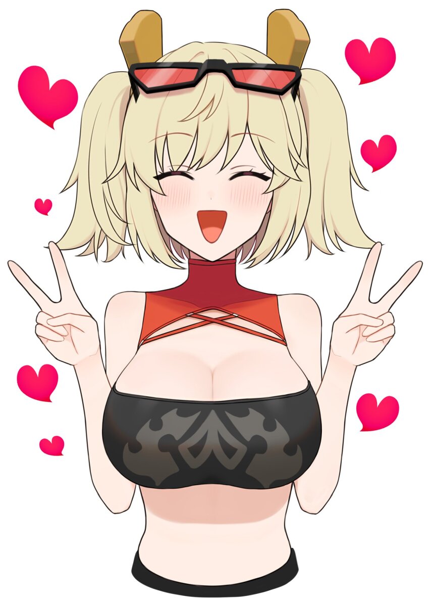 1girl, ^_^, bare_shoulders, black-framed_eyewear, black_tube_top, blonde_hair, blush, breasts