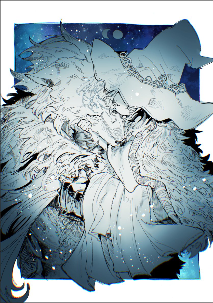 1boy, 1girl, blaidd_the_half-wolf, border, cape, chromatic_aberration, cloak, closed_eyes, cuddling, dress, elden_ring, extra_faces, fur_cape, fur_cloak, furry, furry_male, hat, kofuku_(reitouko), large_hat, outside_border, ranni_the_witch, white_border, witch, witch_hat, wolf_boy, wolf_head