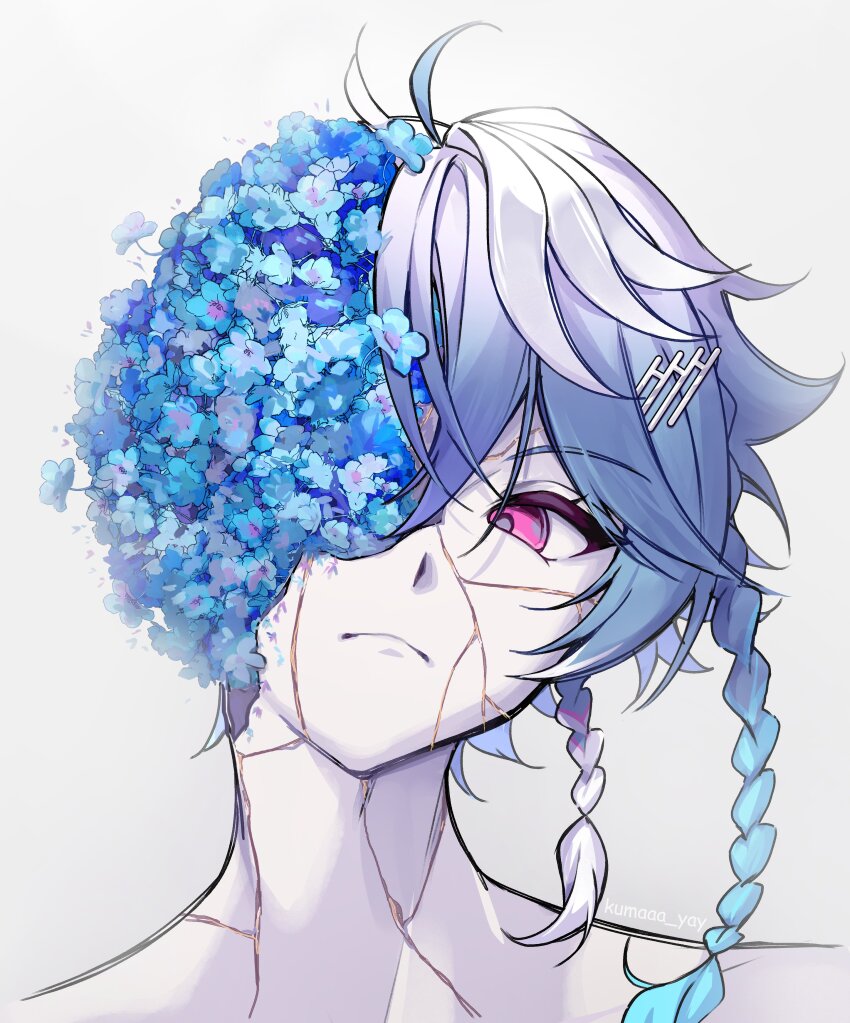 1boy, absurdres, bishounen, blue_flower, blue_hair, blue_theme, braid, colored_skin