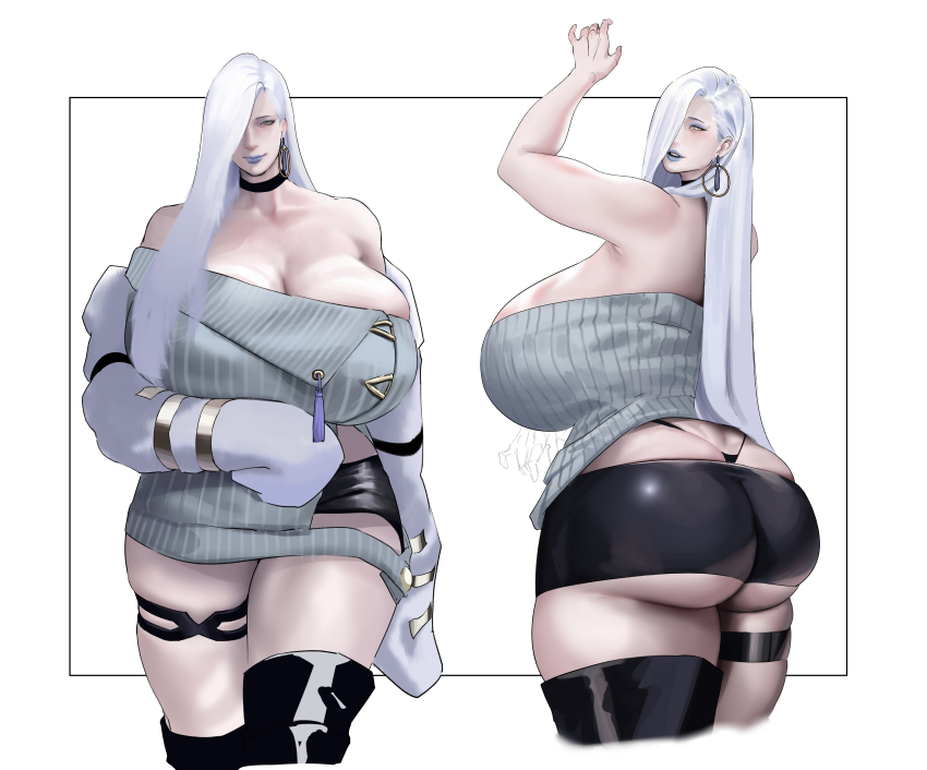 1girl, absurdres, ass, blue_eyeshadow, blue_lips, boots, breasts, cleavage