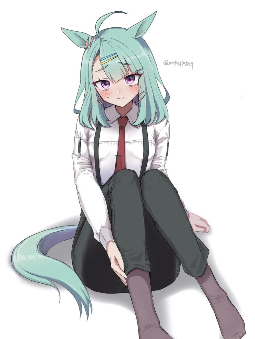 1girl, ahoge, animal_ears, black_pants, blush, brown_socks, commentary, green_hair, hair_between_eyes, hair_ornament, hairclip, highres, horse_ears, horse_girl, horse_tail, long_sleeves, looking_at_viewer, mole, mole_under_eye, mtks119529, necktie, no_shoes, pants, purple_eyes, red_necktie, shirt, simple_background, sitting, socks, solo, sugar_lights_(umamusume), suspenders, tail, tie_clip, twitter_username, umamusume, white_background, white_shirt