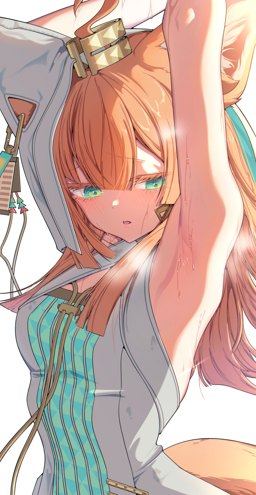 1girl, absurdres, ahoge, animal_ear_hood, animal_ears, arknights, armpit_focus, armpits, arms_up, blunt_bangs, cat_ears, cat_girl, ears_under_headwear, fake_animal_ears, hair_ornament, head_chain, highres, hood, hooded_dress, jewelry, kimo_suna, orange_hair, orange_tail, papyrus_(arknights), presenting_armpit, solo, sweat, upper_body, white_background