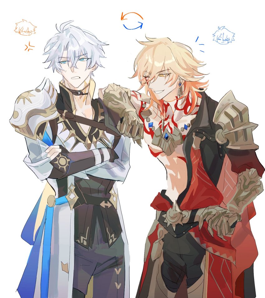 2boys, anger_vein, arm_on_another's_shoulder, arm_tattoo, armor, armored_boots, armored_gloves, belt_collar