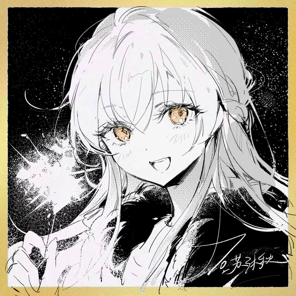 1girl, :d, black_background, border, braid, chinese_commentary, commentary_request, dithering