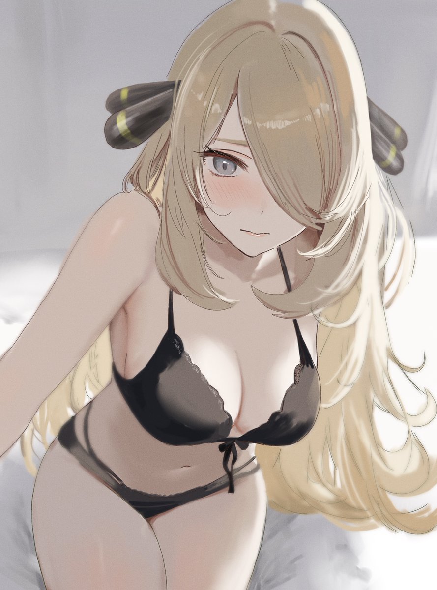 1girl, bare_shoulders, bed, bed_sheet, black_bra, black_panties, blonde_hair, blush