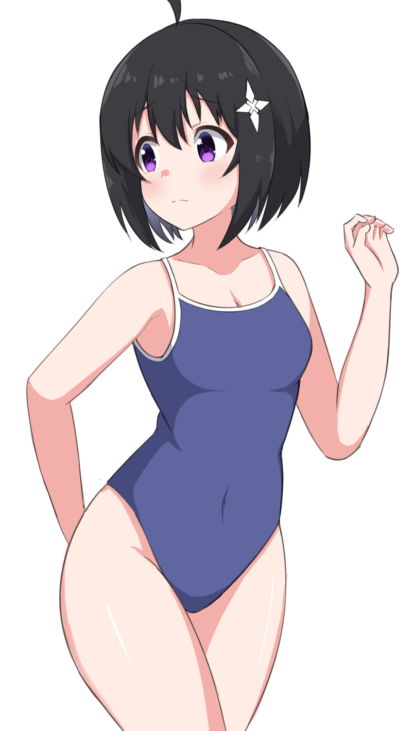 1girl, absurdres, ahoge, black_hair, blue_one-piece_swimsuit, bob_cut, breasts, competition_school_swimsuit, covered_navel, cowboy_shot, hair_ornament, highleg, highleg_one-piece_swimsuit, highres, honjou_kaede, itai_no_wa_iya_nano_de_bougyoryoku_ni_kyokufuri_shitai_to_omoimasu, looking_to_the_side, maple_(bofuri), one-piece_swimsuit, purple_eyes, school_swimsuit, short_hair, simple_background, small_breasts, solo, swimsuit, white_background, yukia2