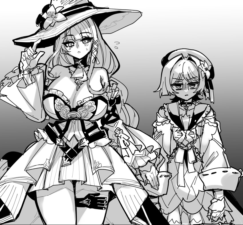 1boy, 1girl, arm_at_side, armpit_crease, arms_at_sides, ascot, bare_shoulders, beret