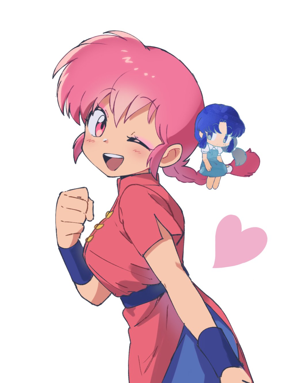 2girls, blush, breasts, chibi, chinese_clothes, fuurinkan_high_school_uniform, heart, highres, multiple_girls, one_eye_closed, open_mouth, pink_eyes, pink_hair, qrhara555, ranma-chan, ranma_1/2, school_uniform, short_hair, simple_background, size_difference, tangzhuang, teeth, tendou_akane, upper_teeth_only, white_background