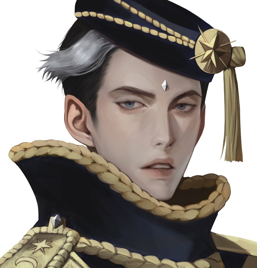 1boy, black_hair, blue_eyes, commentary_request, epaulettes, glacier_(sugar_sugar_rune), hat, high_collar