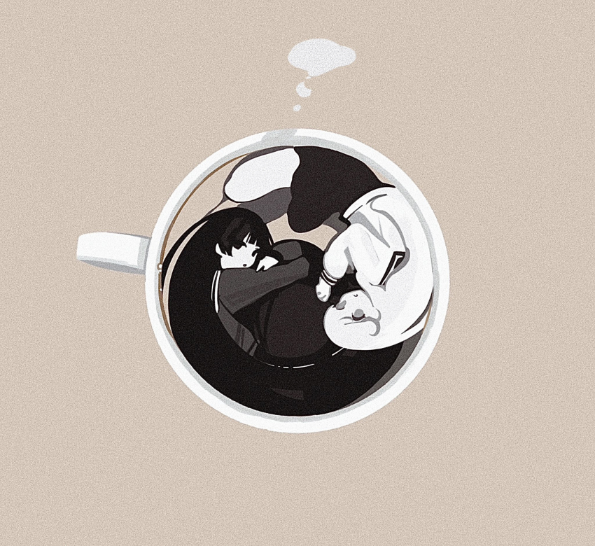 2girls, brown_background, cafe_au_lait, contrast, cup, drink, fetal_position, from_above