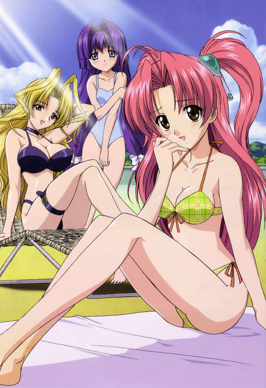 00s, 3girls, absurdres, bikini, blonde_hair, breasts, brown_eyes, casual_one-piece_swimsuit