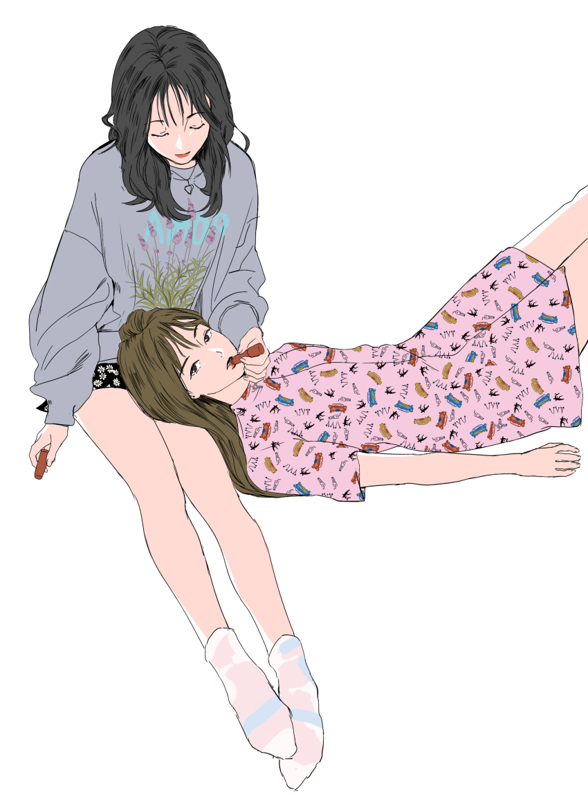 12_07sh, 2girls, absurdres, applying_another's_makeup, applying_makeup, black_hair, dress, gfriend