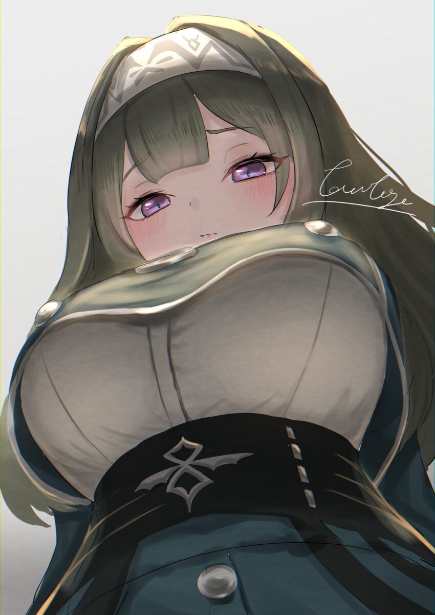 1girl, blush, breasts, brown_hair, duel_monster, exosister_irene, from_below, hairband