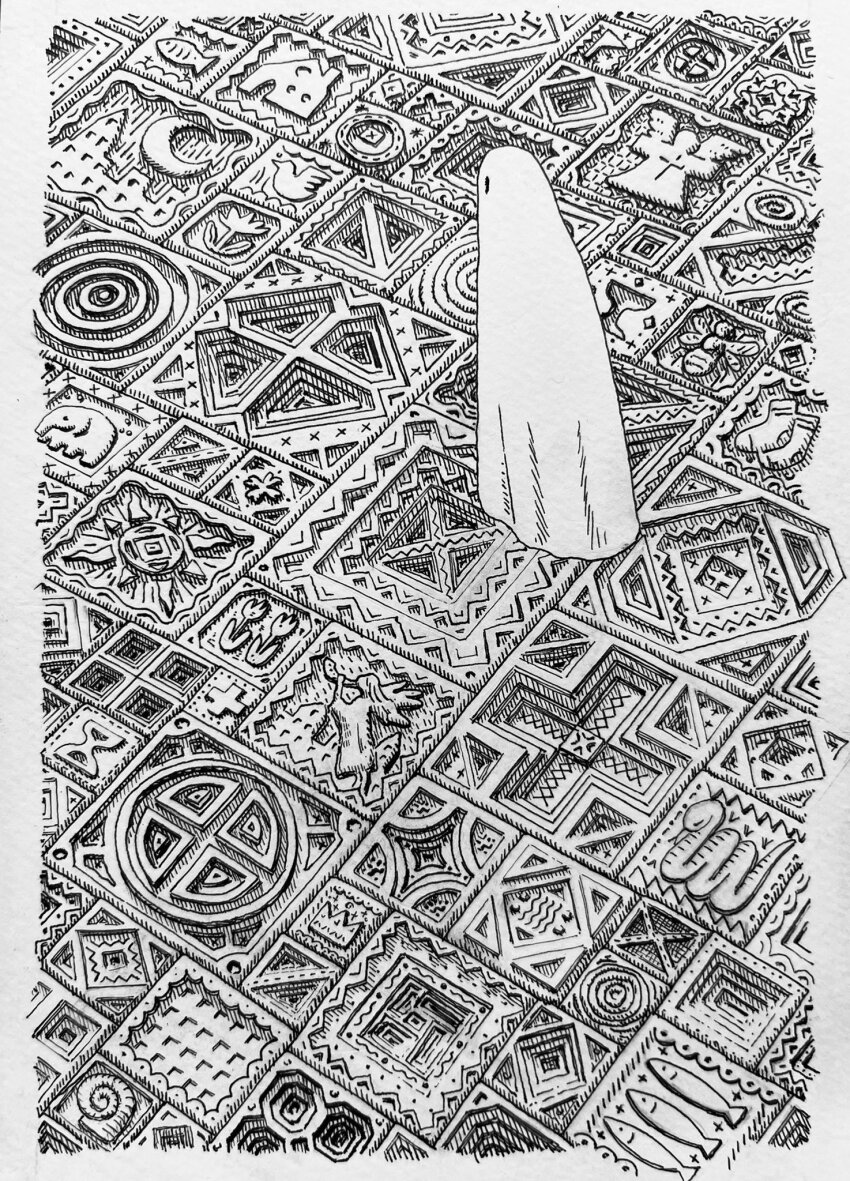 circle, crescent, diamond_(shape), engraved, fish_(symbol), floor, flower_symbol, ghost