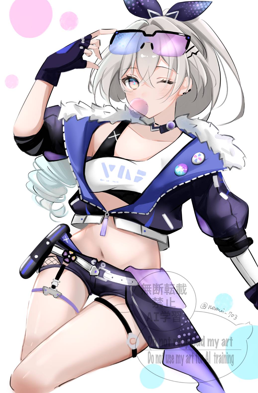 1girl, alternate_costume, alternate_hairstyle, blowing_bubble_gum, blowing_bubbles, chewing_gum, cosplay, drill_hair