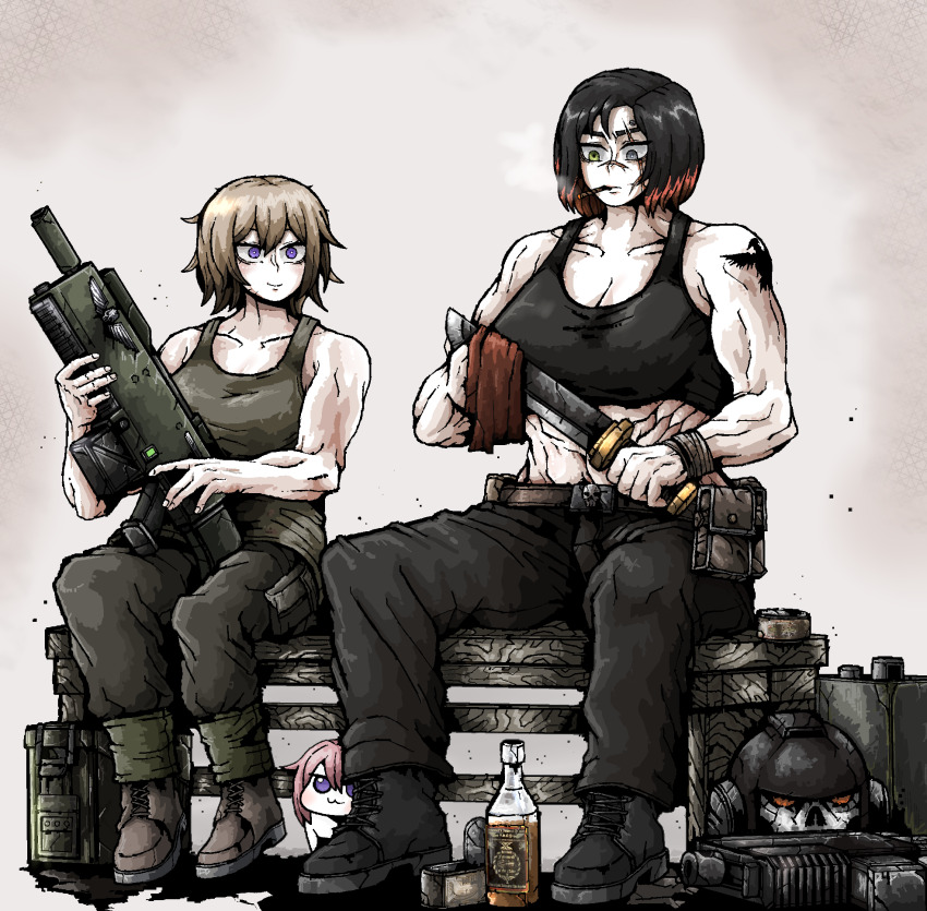 2girls, abs, adeptus_astartes, alcohol, ammunition_box, astra_militarum, bench, black_hair