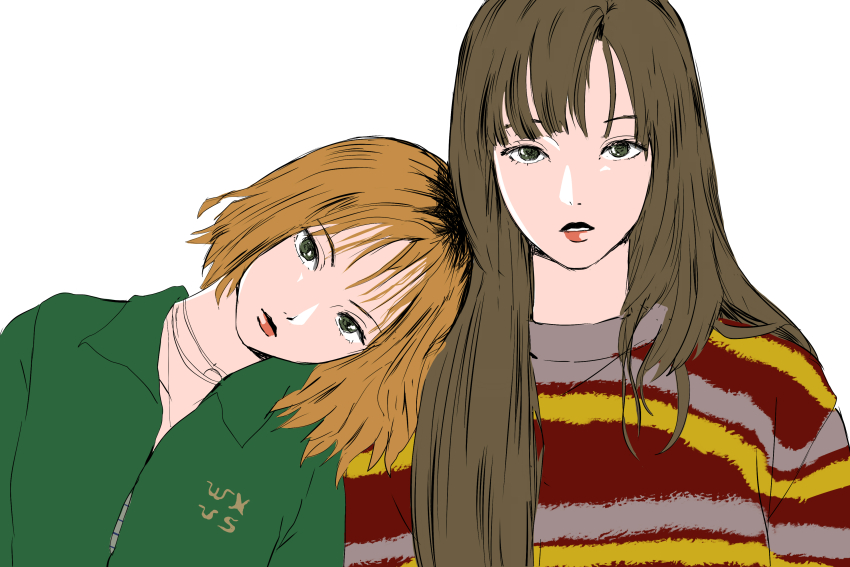 12_07sh, 2girls, absurdres, black_roots, brown_hair, closed_mouth, eunha_(gfriend), gfriend