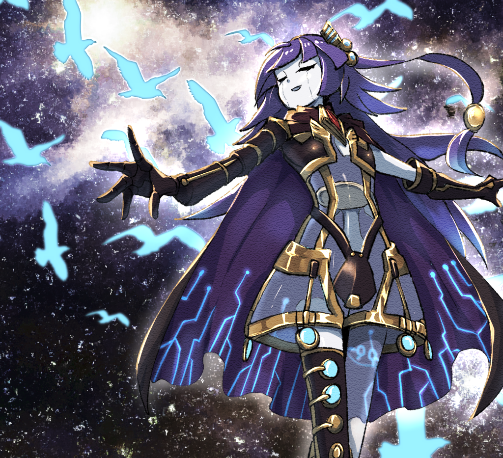 1girl, bird, closed_eyes, cowboy_shot, duel_monster, galatea-i_the_orcust_automaton, galatea_the_orcust_automaton, gtbowl, ib_(yu-gi-oh!), joints, night, pale_skin, purple_hair, robot_girl, robot_joints, see-through_body, see-through_clothes, sky, smile, solo, star_(sky), starry_sky, yu-gi-oh!