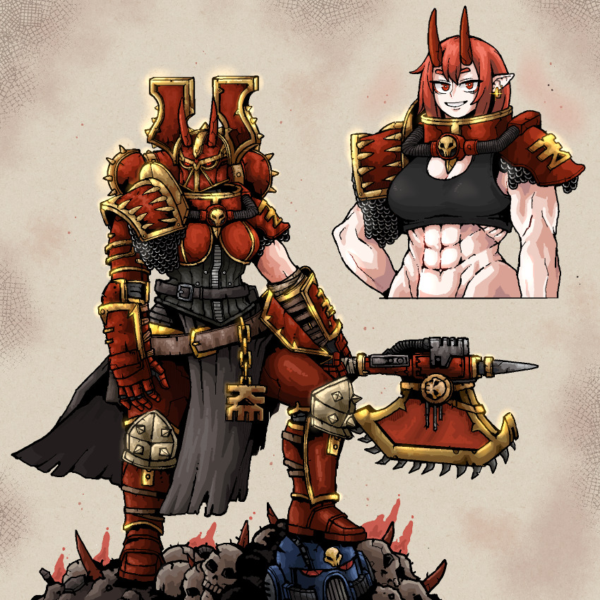 1girl, abs, adepta_sororitas, armor, axe, breasts, chain_axe, chainmail, chaos_(warhammer), cleavage, commentary, cropped_torso, english_commentary, fake_horns, fallen_sisters, helmet, highres, horned_helmet, horns, khorne_(cult), loincloth, looking_at_viewer, looking_to_the_side, multiple_views, muscular, muscular_female, octosoup, pointy_ears, power_armor, red_eyes, red_hair, short_hair, sister_of_slaughter, skull, solo, tank_top, ultramarines, warhammer_40k