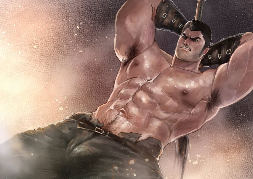 1boy, abs, amsokyo, armpit_hair, arms_up, bara, beard_stubble, black_hair, bulge, commentary, darius_(league_of_legends), dutch_angle, english_commentary, facial_hair, highres, holding, holding_weapon, league_of_legends, male_focus, muscular, muscular_male, navel, navel_hair, nipples, parted_lips, pectorals, short_hair, solo, stubble, topless_male, veins, veiny_arms, weapon