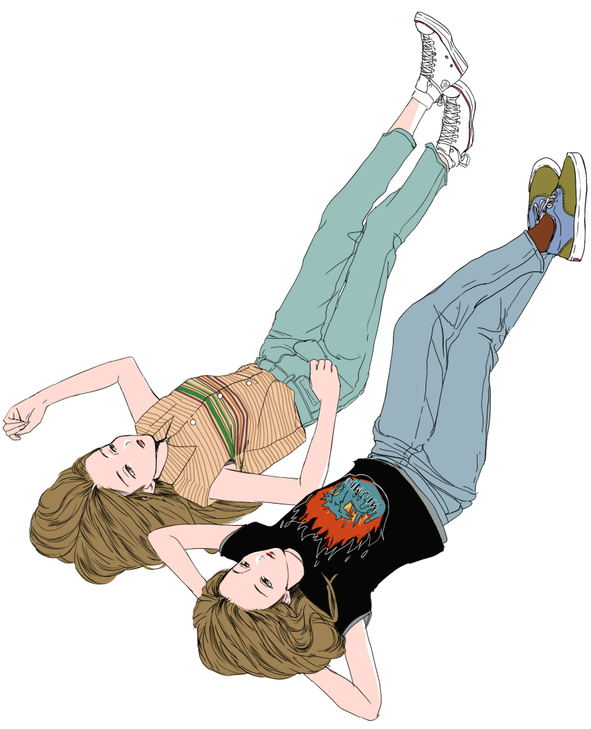 12_07sh, 2girls, absurdres, arms_behind_head, brown_hair, denim, full_body, gfriend