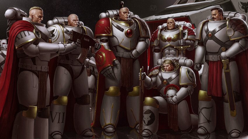 6+boys, adeptus_astartes, arhpriest, armor, arrow_(symbol), bald, blonde_hair, bolter