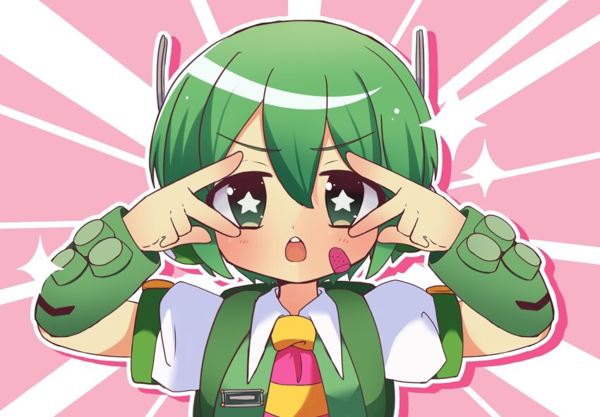 1boy, bandaid, bandaid_on_cheek, bandaid_on_face, buck_teeth, double_inward_v, green_eyes, green_hair, green_vest, headphones, highres, m@gical_cure!_love_shot!_(vocaloid), male_focus, meme, miku_miku_beaaaam!!_(meme), motion_lines, necktie, open_mouth, outline, pink_background, ryuuto_(vocaloid), shirt, short_hair, short_sleeves, solo, sparkle, star-shaped_pupils, star_(symbol), striped_clothes, striped_necktie, symbol-shaped_pupils, teeth, togase_ameko, v, v_over_eye, vest, vocaloid, white_outline, white_shirt