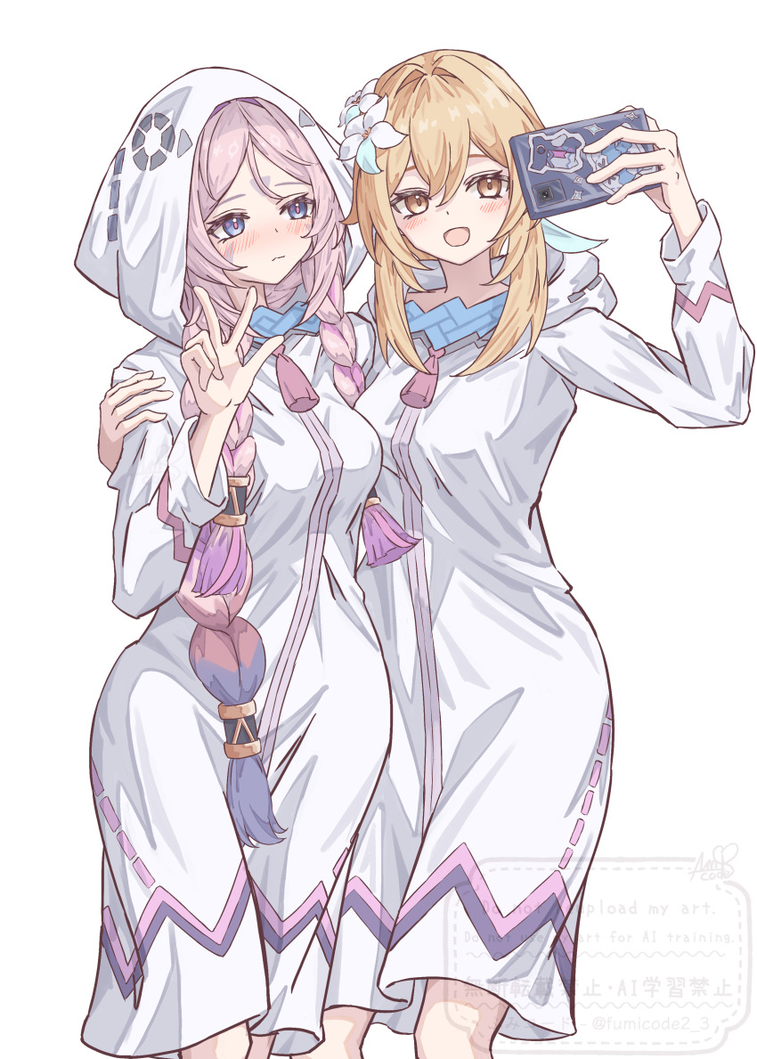 2girls, absurdres, blonde_hair, blue_eyes, blush, braid, breasts, cellphone
