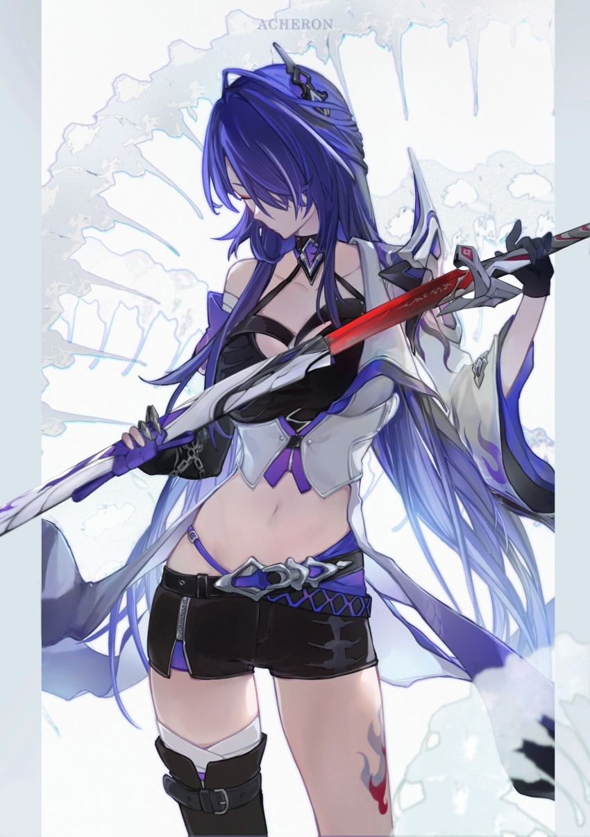 1girl, absurdres, acheron_(honkai:_star_rail), asymmetrical_footwear, black_choker, black_gloves, black_shorts, boots, breasts, chain, choker, cleavage, closed_eyes, coat, coattails, commentary, crop_top, detached_sleeves, gloves, hair_over_one_eye, highres, holding, holding_sword, holding_weapon, honkai:_star_rail, honkai_(series), leg_tattoo, long_hair, midriff, multicolored_hair, navel, purple_hair, revision, sheath, short_shorts, shorts, single_bare_shoulder, solo, stomach, streaked_hair, sword, tailcoat, tattoo, thigh_boots, thigh_gap, unsheathing, weapon, white_coat, zeyal_li_hai