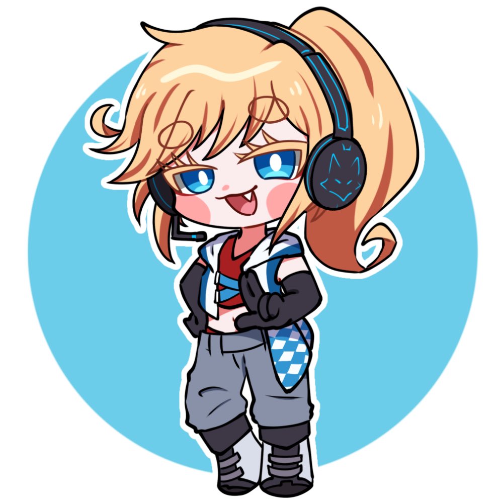 1girl, :3, black_footwear, black_gloves, blonde_hair, blue_eyes, blue_trim, blush_stickers