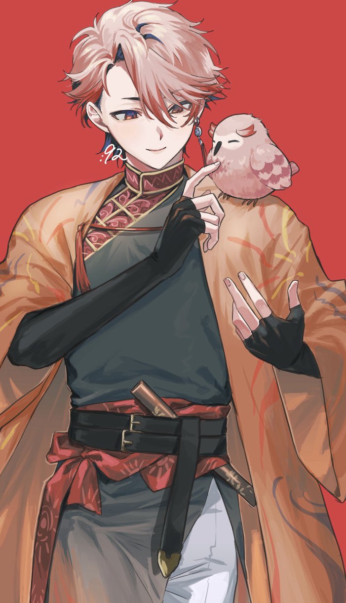 1boy, animal, animal_on_shoulder, belt, belt_buckle, bird, bird_on_shoulder, black_belt