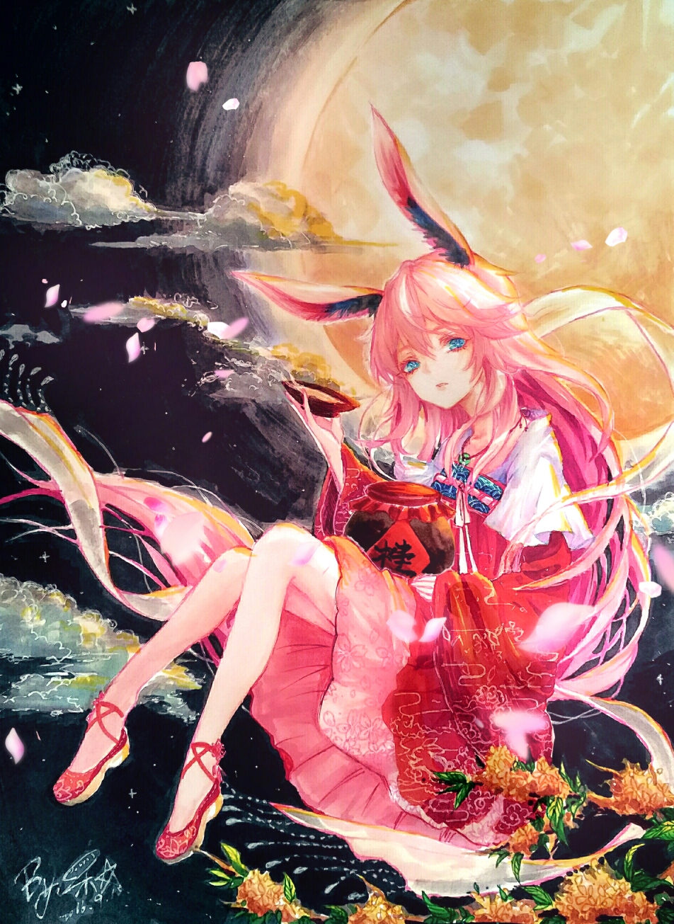 1girl, alcohol, animal_ears, ankle_ribbon, astar0w0, honkai_gakuen, black_sky, blue_eyes, chinese_clothes, cloud, cup, dress, expressionless, floating, floating_hair, flower, full_body, full_moon, hagoromo, hair_between_eyes, highres, holding, holding_cup, honkai_(series), horse_ears, horse_girl, horse_tail, jar, layered_sleeves, leg_ribbon, light_frown, long_hair, long_sleeves, looking_at_viewer, mary_janes, moon, night, orange_flower, outdoors, petals, pink_dress, pink_hair, red_ribbon, red_shoes, ribbon, sakazuki, sake, shawl, shoes, short_dress, short_over_long_sleeves, short_sleeves, signature, sitting, sky, sleeves_past_wrists, solo, star_(sky), starry_sky, tail, tassel, very_long_hair, white_sleeves, wide_sleeves, wind, yae_sakura