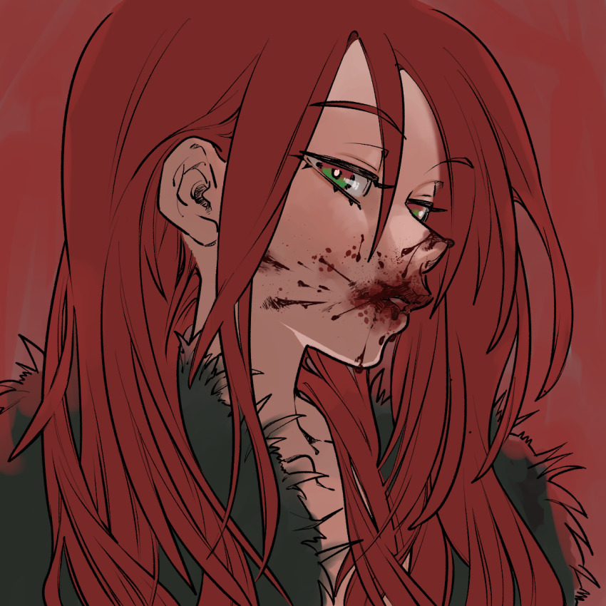 1girl, blood, blood_on_cheek, blood_on_face, blood_on_mouth, blood_on_nose, collarbone, eyebrows_hidden_by_hair