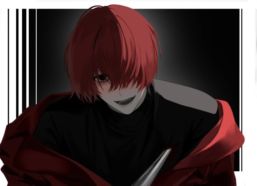 1boy, black_background, blush, coat, commentary_request, dilated_pupils, hair_over_one_eye, homicidal_dr, homicipher, korean_commentary, looking_at_viewer, male_focus, mr._scarletella, red_coat, red_eyes, red_hair, second-party_source, short_hair, solo, turtleneck, upper_body
