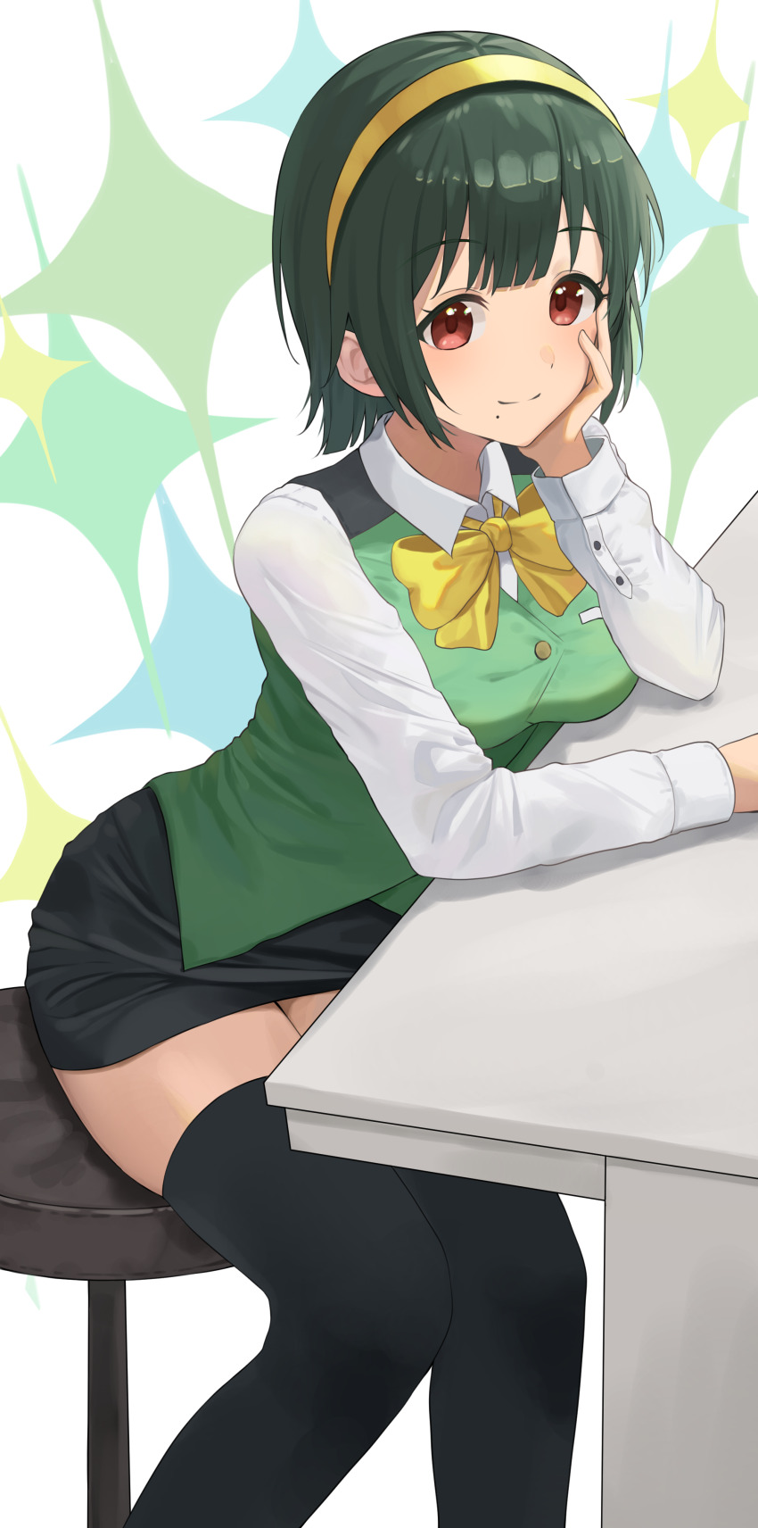 1girl, absurdres, arm_rest, black_skirt, black_thighhighs, blunt_bangs, bow, bowtie