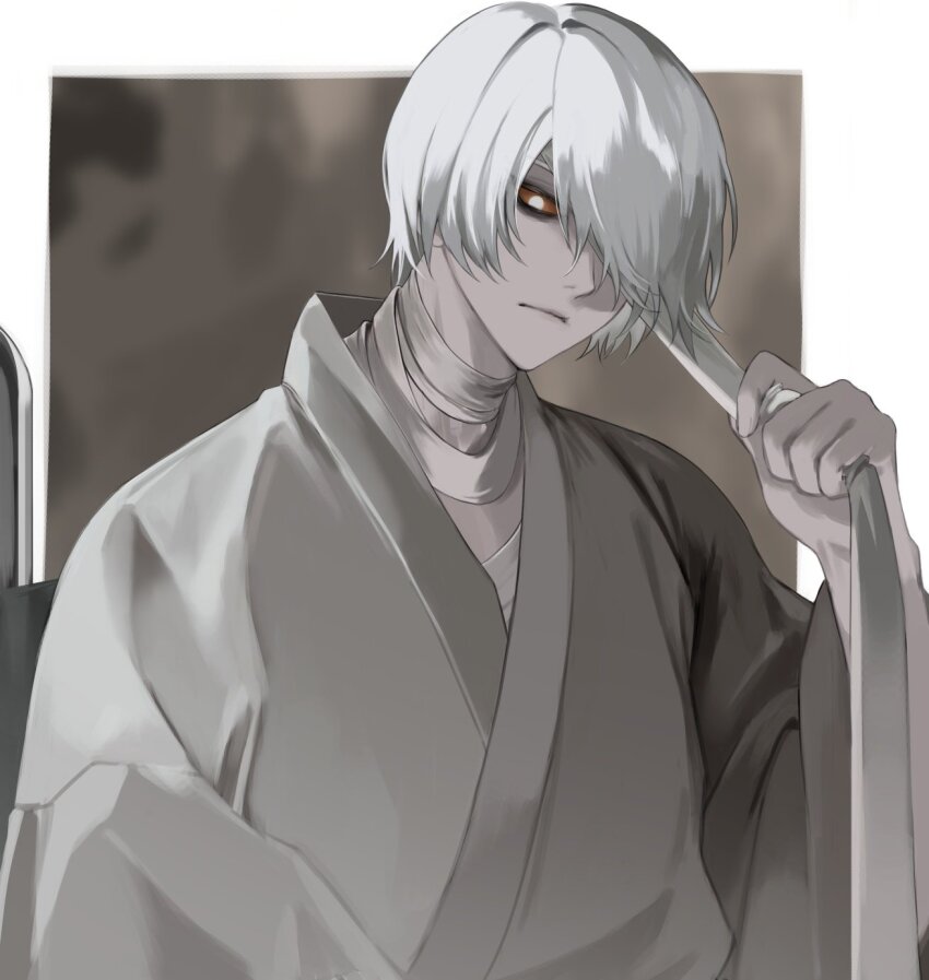 1boy, bandaged_neck, bandages, brown_background, brown_sclera, colored_sclera, grey_eyes, grey_hair