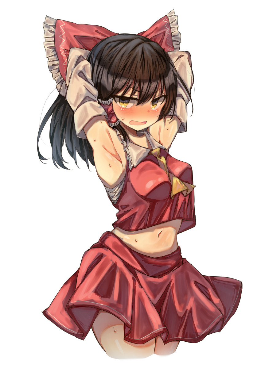 1girl, absurdres, armpits, arms_behind_head, black_hair, blush, bow, breasts
