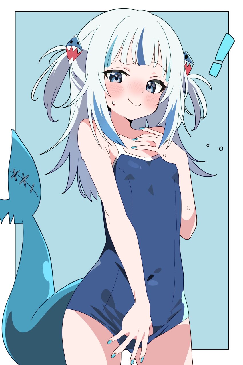 !, 1girl, absurdres, bare_arms, bare_shoulders, blue_background, blue_eyes, blue_hair, blue_nails, blue_one-piece_swimsuit, blush, border, commentary, competition_school_swimsuit, covered_navel, cowboy_shot, fins, fish_tail, flat_chest, gawr_gura, hair_ornament, hand_on_own_chest, highres, hololive, hololive_english, hutaba_haru, long_hair, looking_at_viewer, multicolored_hair, nail_polish, one-piece_swimsuit, outside_border, school_swimsuit, shark_hair_ornament, shark_tail, smile, solo, streaked_hair, swimsuit, tail, two_side_up, virtual_youtuber, white_background, white_border, white_hair