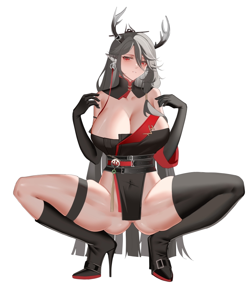 1girl, absurdres, animal_ears, antlers, arknights, asymmetrical_legwear, belt, black_belt