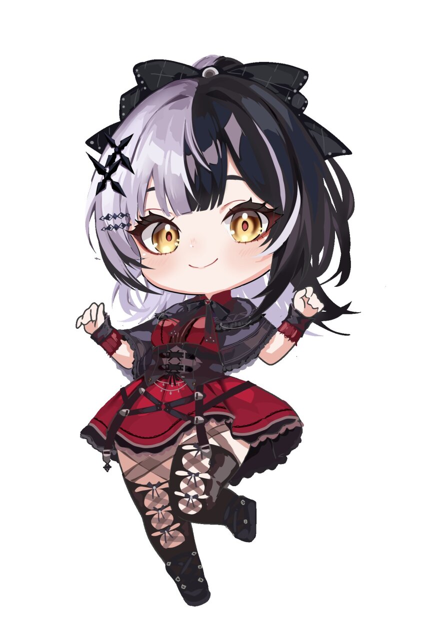 1girl, black_capelet, black_corset, black_hair, black_ribbon, black_thighhighs, bubblegumiiarts, capelet